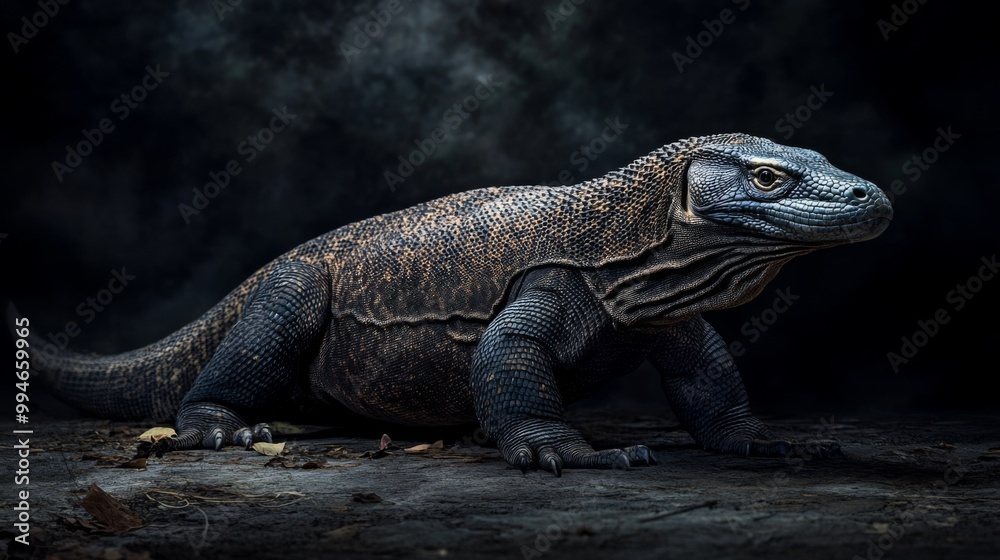 A Komodo dragon sits on a rocky surface, its dark scales and powerful build visible against a smoky background. A Komodo dragon sits on a rocky surface, its dark scales and powerful build visible against a smoky background.