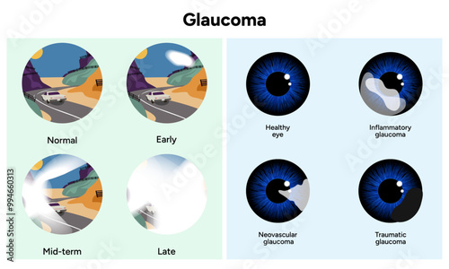Healthy eye and eye with glaucoma. Inflammatory glaucoma. Neovascular glaucoma. Traumatic glaucoma. Early, mid-term and late glaucoma