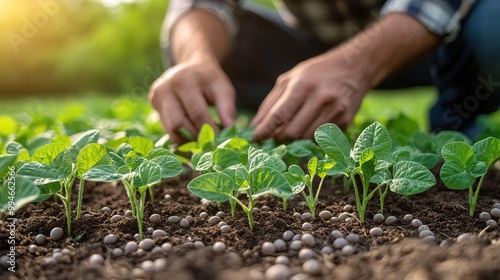 A gardener carefully cultivates young plants in fertile soil under the warm sun, showcasing the beauty of nature and growth.