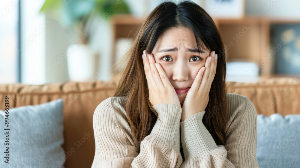 Anxious young woman: An unhappy young Asian woman covering her face with a pillow while sitting on a couch in a cozy living room at home Anxious young woman: An unhappy young Asian woman covering her face with a pillow while sitting on a couch in a cozy living room at home