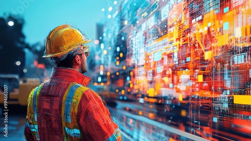 A worker in a safety helmet observes vibrant digital data overlay at a construction site, symbolizing technology and innovation.