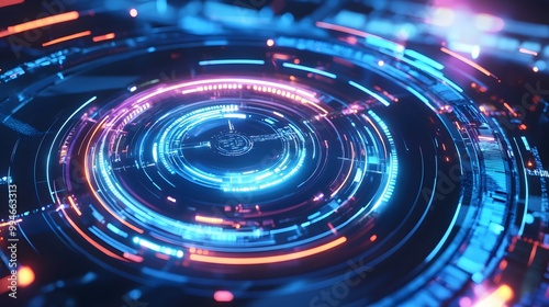 Futuristic Cybernetic Portal with Blue Glowing Rings and Digital Interface Elements in a High-Tech Design.