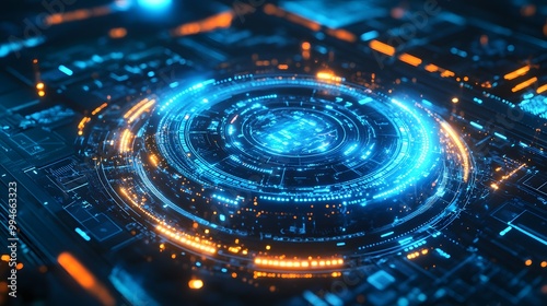 Futuristic Cybernetic Portal with Blue Glowing Rings and Digital Interface Elements in a High-Tech Design.