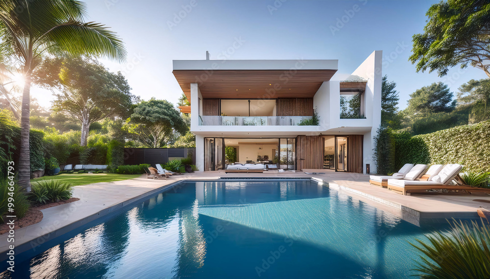 Fototapeta premium Modern house with pool under clear sky