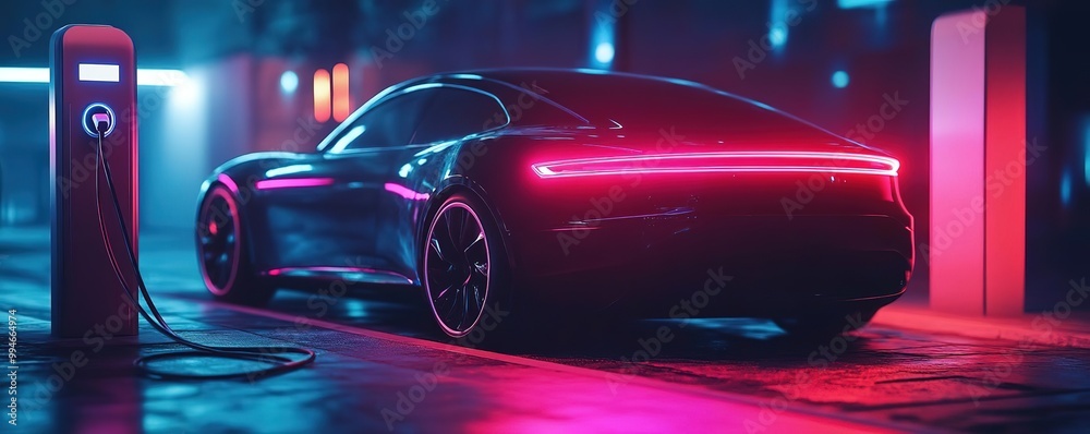 Futuristic electric car charging in a neon-lit urban environment, showcasing modern design and innovation. Futuristic electric car charging in a neon-lit urban environment, showcasing modern design and innovation.