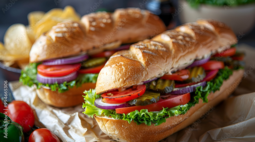 Hoagies served with a side of pickles and chips, captured using an ultra HD camera with a ring light for even illumination Hoagies served with a side of pickles and chips, captured using an ultra HD camera with a ring light for even illumination