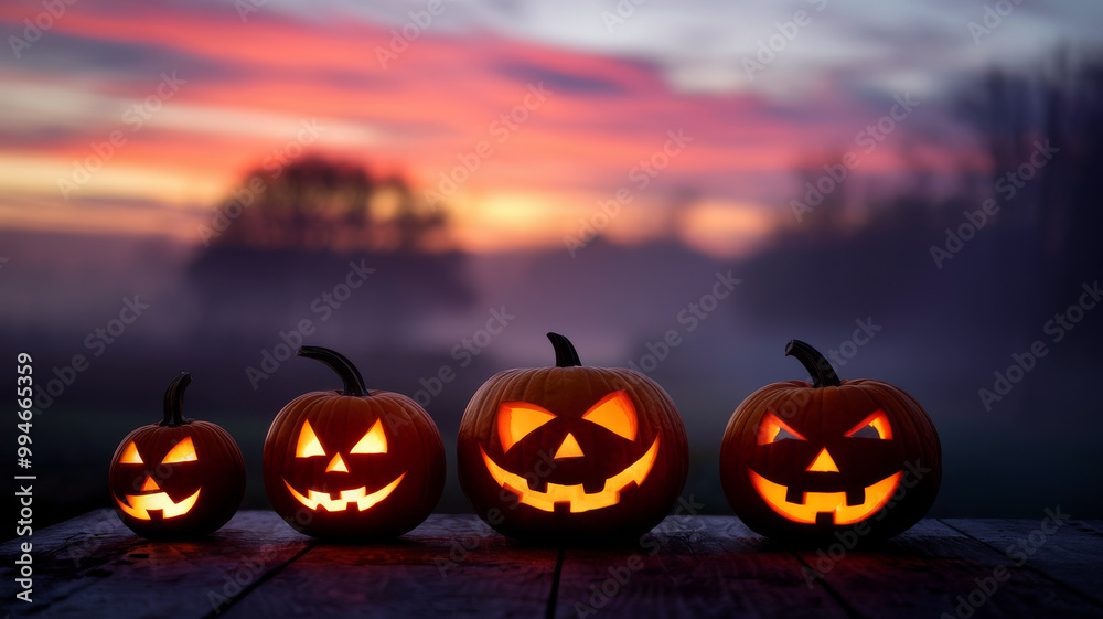 pumpkins with warm orange light glowing from within. The pumpkins are positioned on a wooden surface 