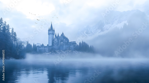 Spooky Haunted Castle Shrouded in Mist Over a Lake During Halloween in the morning