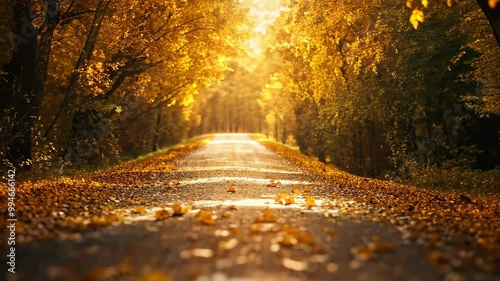 A paved road winds through a forest of golden trees on a sunny autumn day