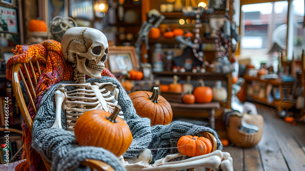 Smiling skeleton sitting on rocking chair at home knitting with pumpkins on his lap. Skeleton prepared for Halloween. Skeleton in woolen sweater and hat. Pumpkins embroidered on knitting needles. Smiling skeleton sitting on rocking chair at home knitting with pumpkins on his lap. Skeleton prepared for Halloween. Skeleton in woolen sweater and hat. Pumpkins embroidered on knitting needles.