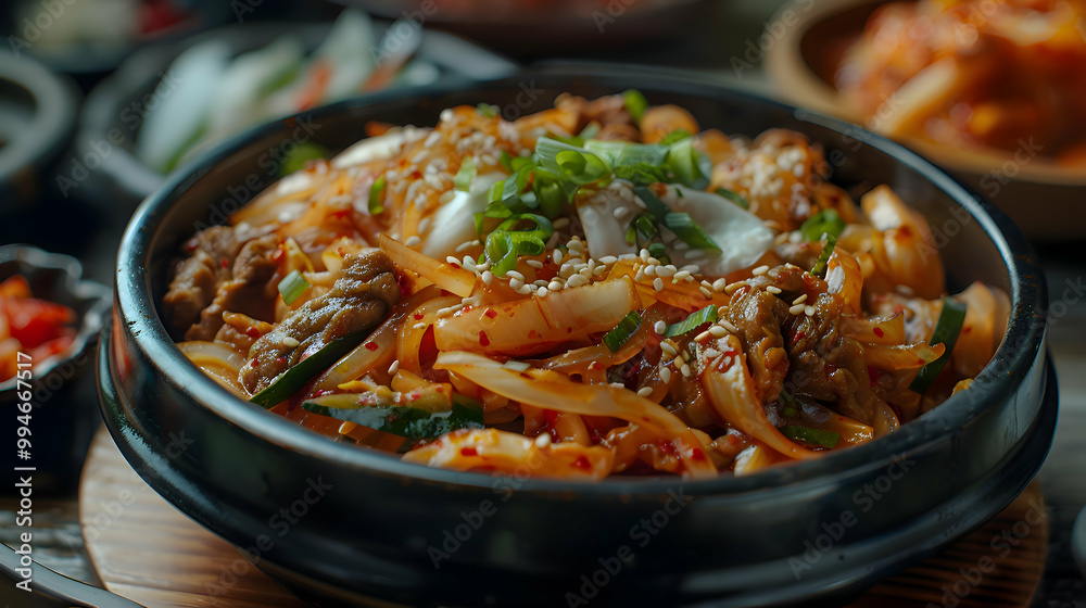 Japchae served with a side of kimchi, captured using an ultra HD camera with a ring light for even illumination Japchae served with a side of kimchi, captured using an ultra HD camera with a ring light for even illumination