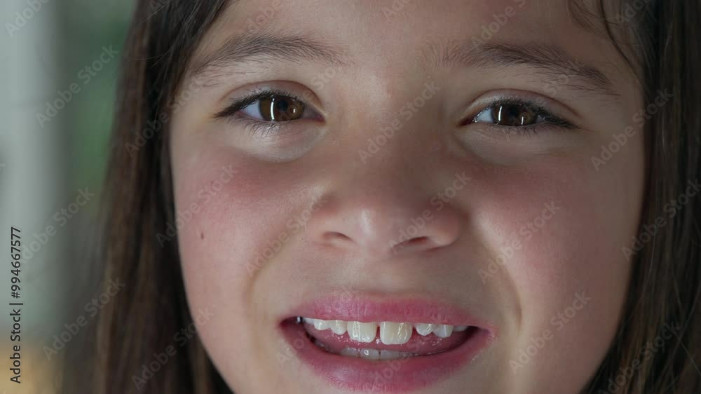 Extreme close-up of a young girl’s face with focus on her eyes and smile, showing detail in her expression, capturing the innocence and joy of childhood Extreme close-up of a young girl’s face with focus on her eyes and smile, showing detail in her expression, capturing the innocence and joy of childhood
