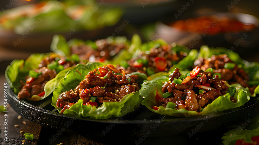 Korean BBQ with fresh lettuce wraps, captured using an ultra HD camera with a ring light for even illumination Korean BBQ with fresh lettuce wraps, captured using an ultra HD camera with a ring light for even illumination