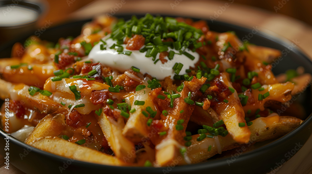 Loaded fries served with a side of sour cream and chives, captured using an ultra HD camera with a ring light for even illumination Loaded fries served with a side of sour cream and chives, captured using an ultra HD camera with a ring light for even illumination