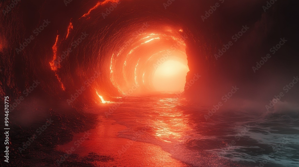Fiery Lava Tubes Cascading into Misty Sea at Dusk Fiery Lava Tubes Cascading into Misty Sea at Dusk