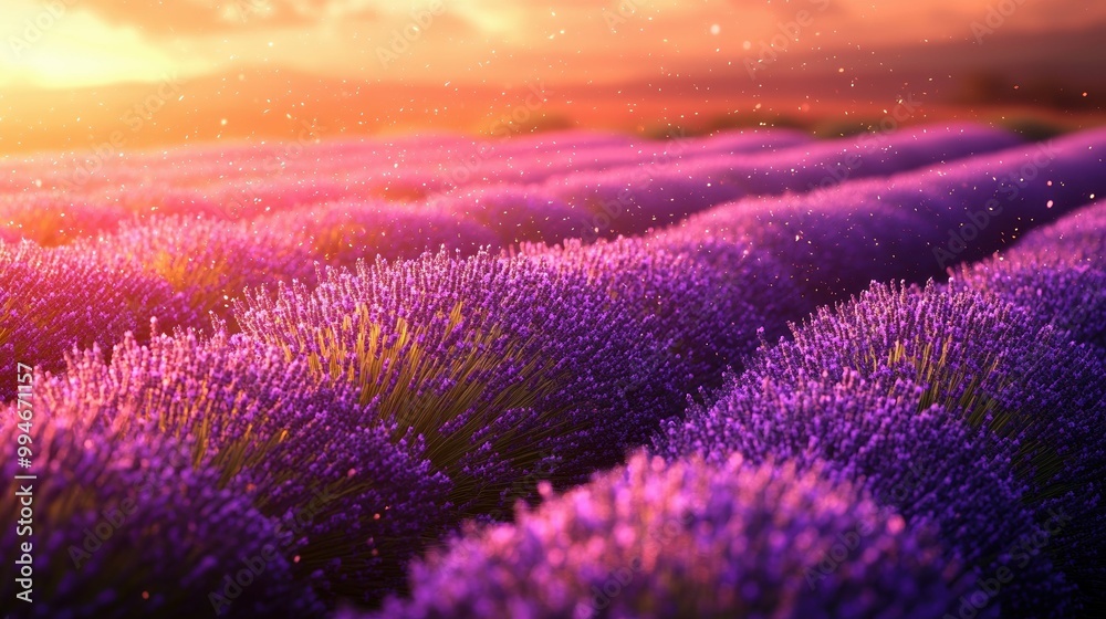 Obraz premium Tranquil Sunset Over Lavender Fields Scenic Purple Landscape with Rows of Flowers and Golden Light Serenity in Nature