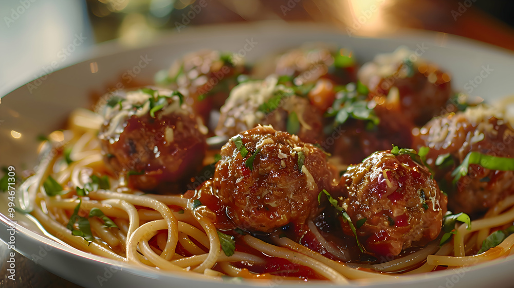 Meatballs served with spaghetti, captured using an ultra HD camera with a ring light for even illumination Meatballs served with spaghetti, captured using an ultra HD camera with a ring light for even illumination