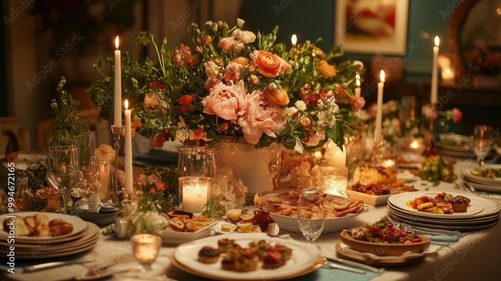 A stunning dinner table with candles and floral centerpieces hosts lively, joyful conversations. A stunning dinner table with candles and floral centerpieces hosts lively, joyful conversations.