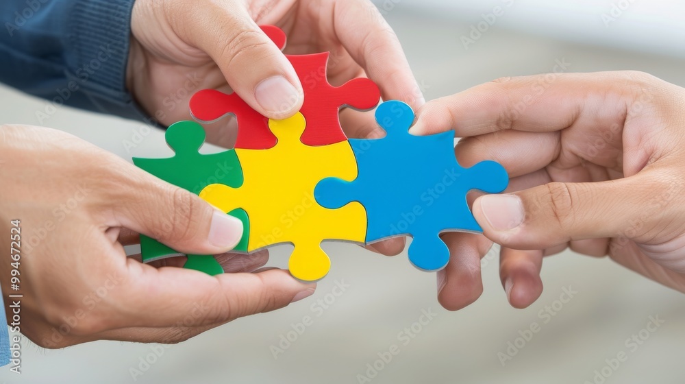 Hands connecting colorful puzzle pieces together.