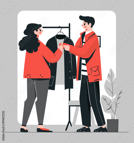 Person attends to a customer trying on a new garment. Minimalist colorful illustration