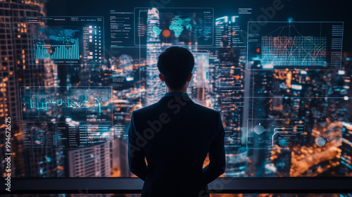 Business Professional Analyzing Data in a Futuristic City