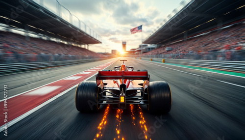 United States Grand Prix: Rear view of a Formula 1 race car speeding down the track. A red Formula One car races at sunset, with the American flag waving in the distance