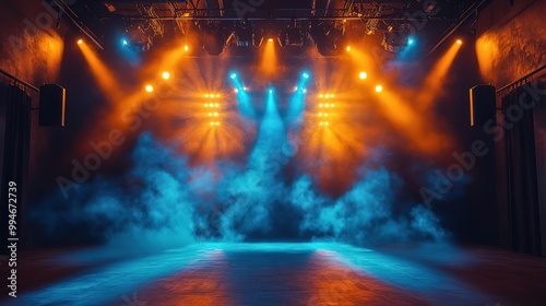 Dramatic stage with vibrant lighting and smoke, perfect for performances, photography, or event planning.