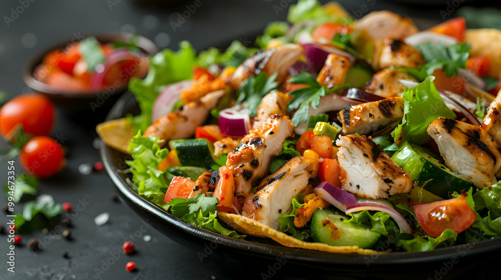 Nachos with grilled chicken and fresh vegetables, captured using an ultra HD camera with a ring light for even illumination Nachos with grilled chicken and fresh vegetables, captured using an ultra HD camera with a ring light for even illumination