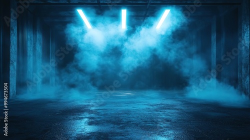 A dark, moody space illuminated by blue lights and filled with mist, perfect for dramatic scenes or creative photography.