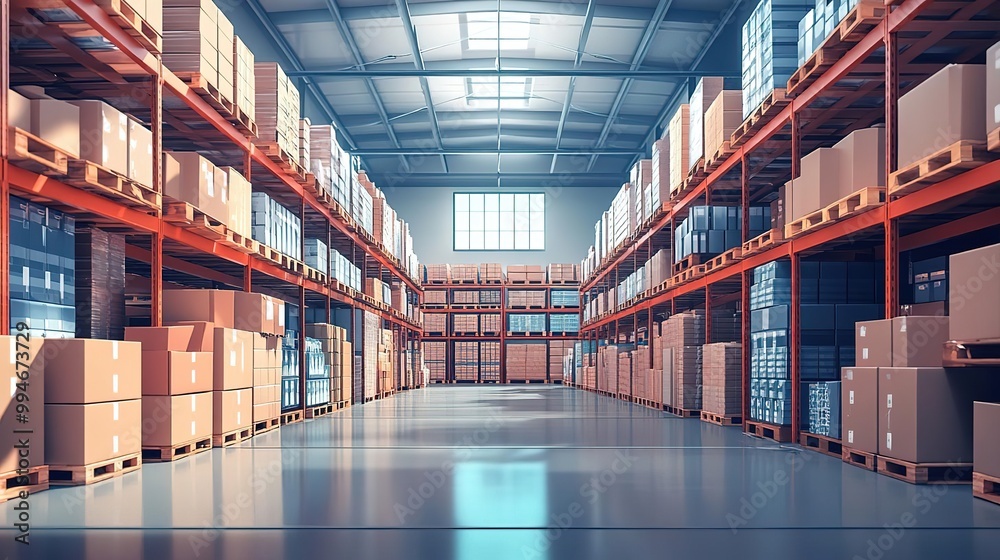 Fototapeta premium Spacious warehouse interior filled with organized pallets and boxes, showcasing efficient storage and inventory management.