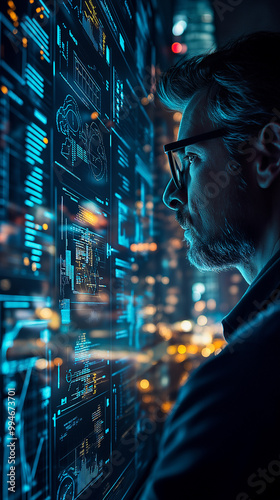 Man Analyzing Digital Data Interface