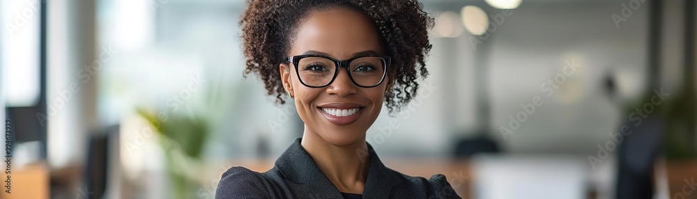 Confident businesswoman with glasses smiling in modern office, showcasing professionalism and positivity in the workplace. Confident businesswoman with glasses smiling in modern office, showcasing professionalism and positivity in the workplace.