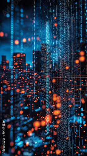 Futuristic Cityscape with Digital Data Streams