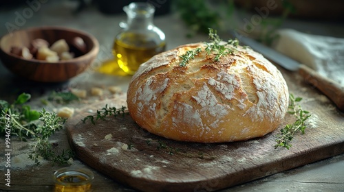 Freshly Baked Round Loaf of Bread with Thyme Sprigs