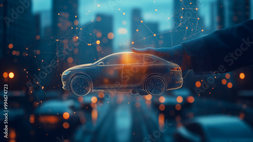 Futuristic Car in Hand Against Cityscape