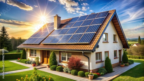 A modern home surrounded by lush greenery, featuring solar panels on the roof. The setting sun casts a warm glow, highlighting the eco-friendly design and inviting outdoor space.