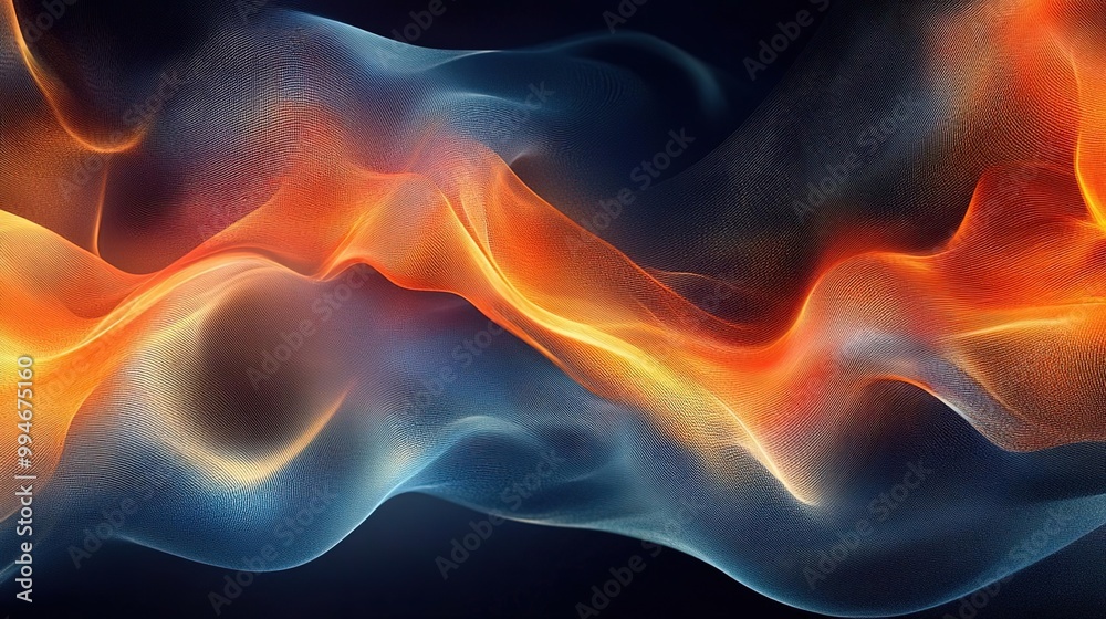 Fototapeta premium Vibrant abstract wave pattern with flowing colors of orange, blue, and black, creating a dynamic visual energy and movement.