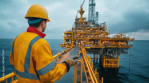 Worker Observing Offshore Oil Rig Operations