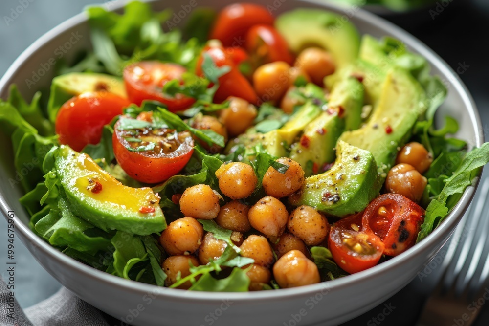 A Bowl of Fresh Salad with Avocado, Tomatoes, and Chickpeas A Bowl of Fresh Salad with Avocado, Tomatoes, and Chickpeas