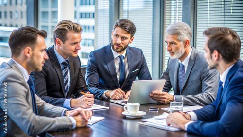 A group of professionals engaged in a business meeting, discussing strategies around a conference table with a laptop and refreshments, in a modern office setting.