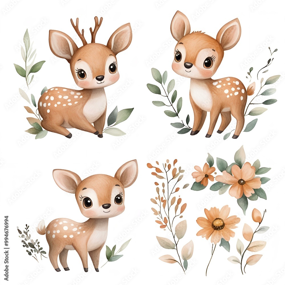 Obraz premium set of baby deers and flowers illustration