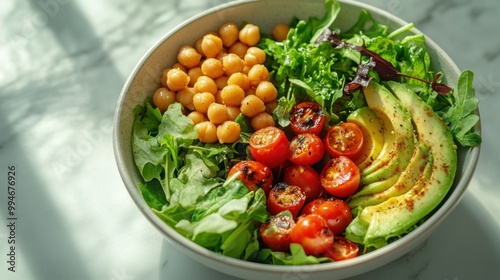 A Bowl of Fresh Salad with Chickpeas, Avocado, and Tomatoes