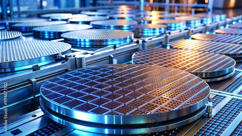 Close-up of semiconductor wafers in a modern manufacturing facility with bright blue lighting and high-tech equipment, showcasing advanced technology and precision engineering.