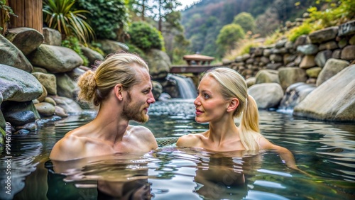 A couple enjoying a relaxing moment together in a serene hot spring, surrounded by nature and peaceful scenery, highlighting intimacy and tranquility. photo