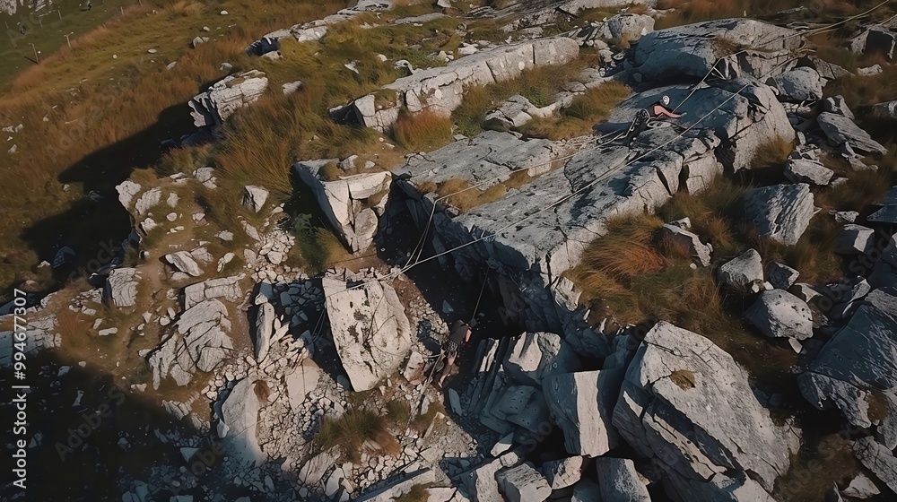 Obraz premium Drone shot of rock climbing route capturing the climbers ascent and gear