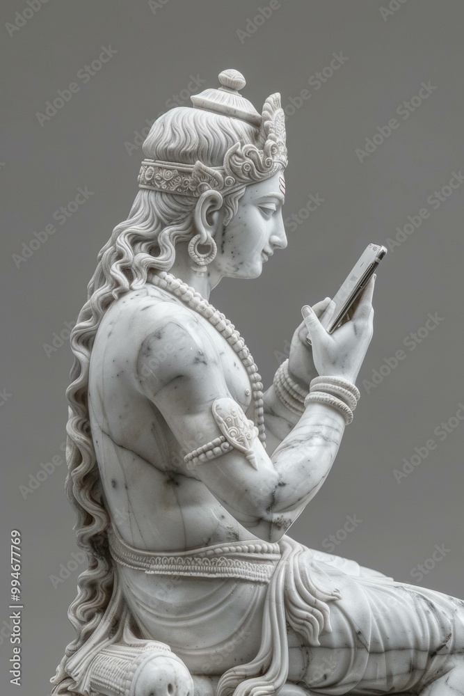  Shiva statue holding a modern smartphone merging classic tradition with contemporary technology for social commentary