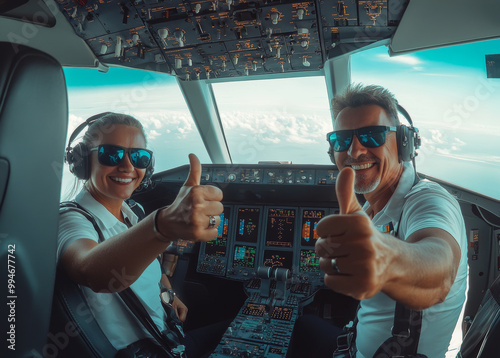 A pilot and co pilot in cockpit of an aircraft, both smiling and giving thumbs up, showcasing positive and confident atmosphere. cockpit is filled with advanced instruments and displays, highlighting photo