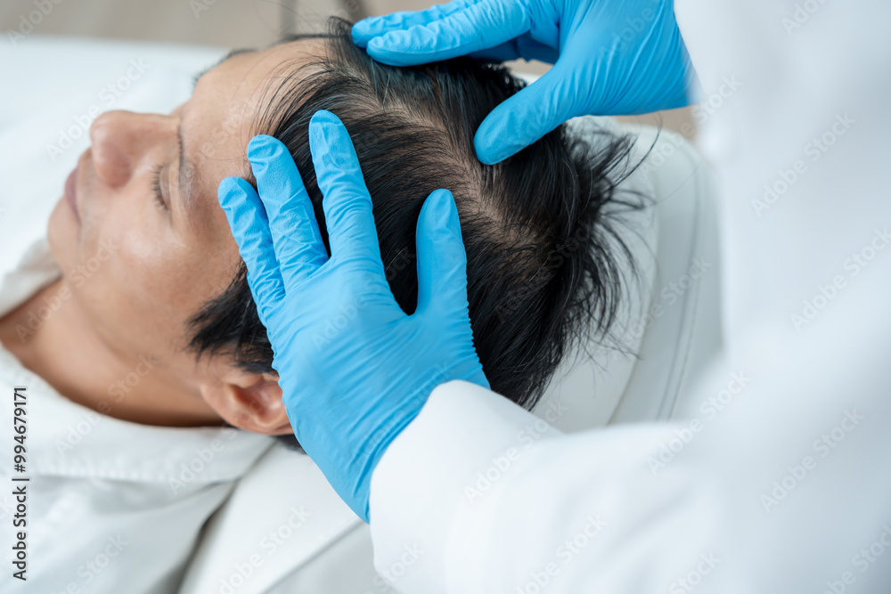 Specialist of hair check health of hair for Asian man, damaged hair, hair loss, thinning problem, vitamin deficiency, baldness, postpartum, biotin, zinc, endocrine disorders, hormonal imbalance. Specialist of hair check health of hair for Asian man, damaged hair, hair loss, thinning problem, vitamin deficiency, baldness, postpartum, biotin, zinc, endocrine disorders, hormonal imbalance.