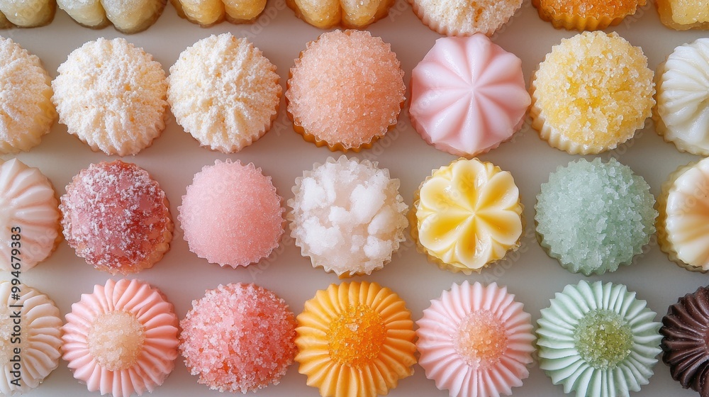 Overhead view of an assortment of delicately crafted Thai khanom thuai (layered rice flour cakes) in pastel hues Overhead view of an assortment of delicately crafted Thai khanom thuai (layered rice flour cakes) in pastel hues