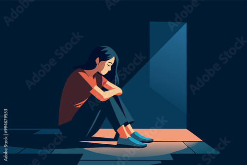 Woman in a deep depression sitting in the dark room. Mental health problems concept design